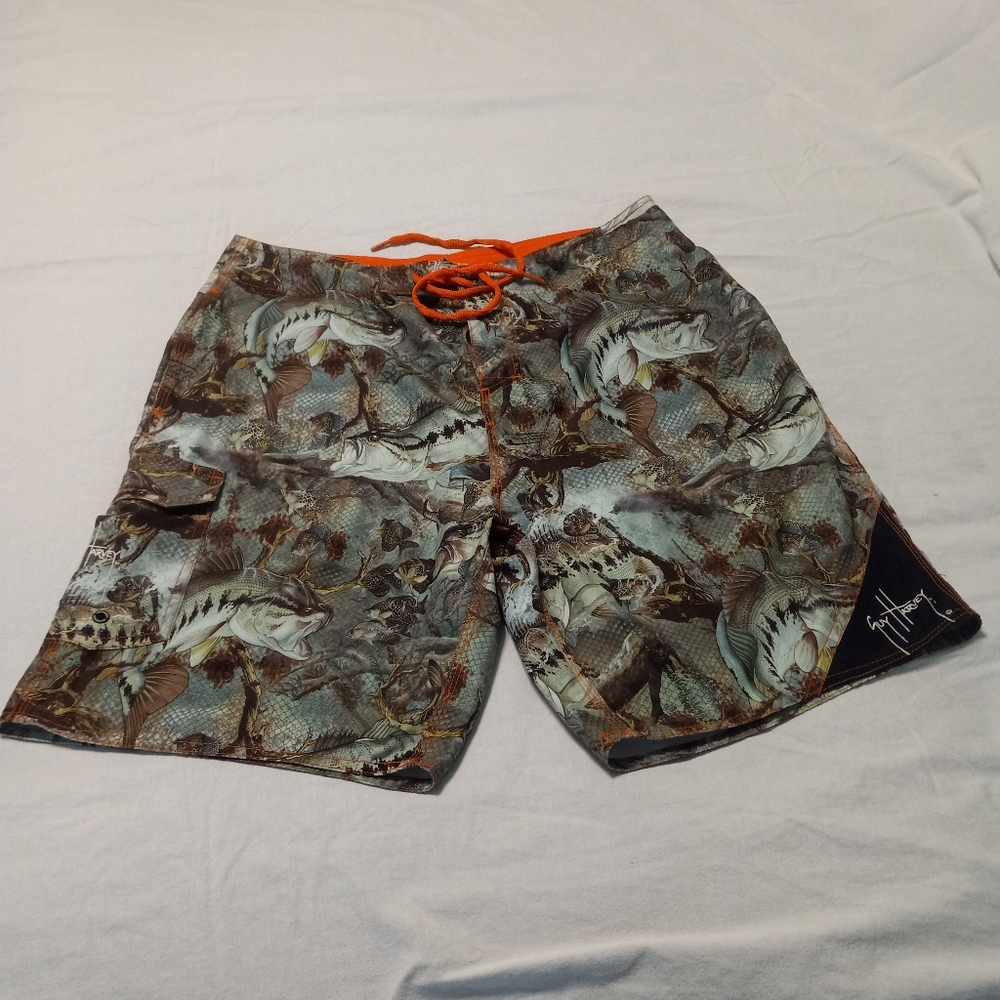 Guy Harvey Bass Fishing Signature Orange and Brown Board Swimming Trunks Size 32